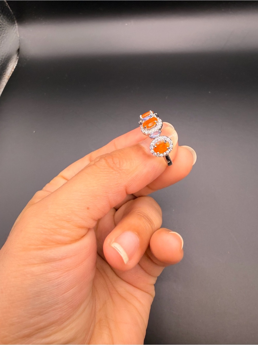 925 Sterling Silver Fire Opal Tanzanite & Moissanite Ring Size 9. - Picture 5 of 11